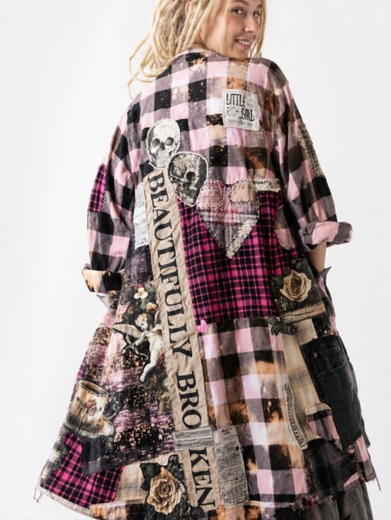 Ivana Ruzzo Jackets & Blazers - Designer Upcycled Kimono Duster Buttondown Flannel Top Artisan Cottage Appliqué